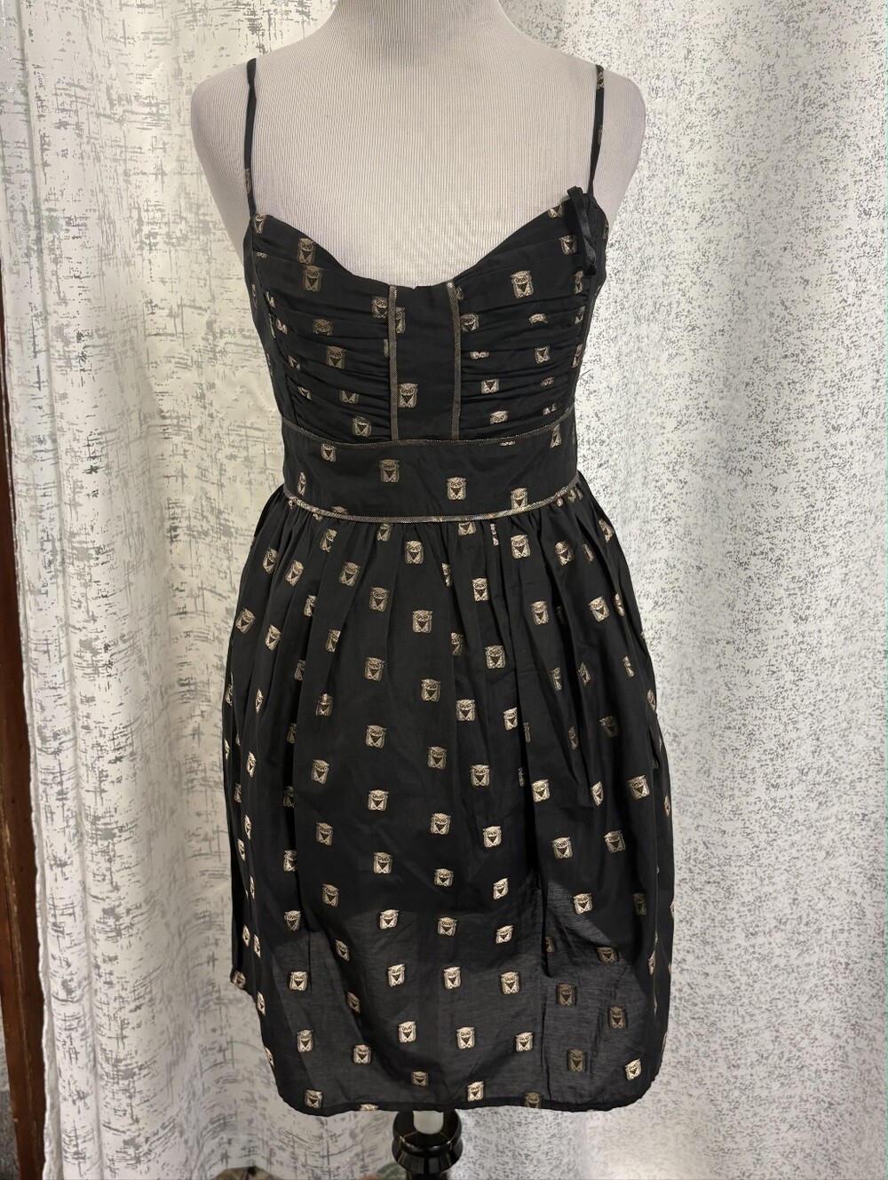 French Connection Black Strapless Dress with Gold Accent Print